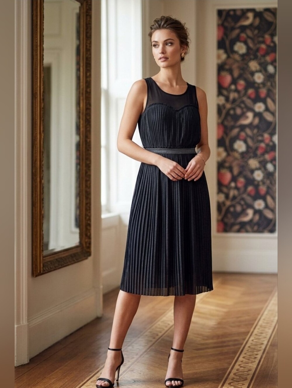 H&M Black Pleated Mesh Dress Small LBD Accordion Plisse Illusion Sleeveless
